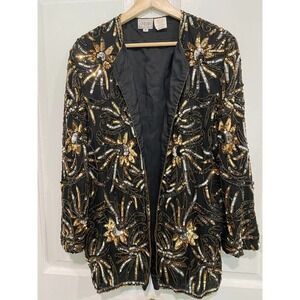 CARINA - Silver & gold sequin formal jacket long sleeve, open front, size large